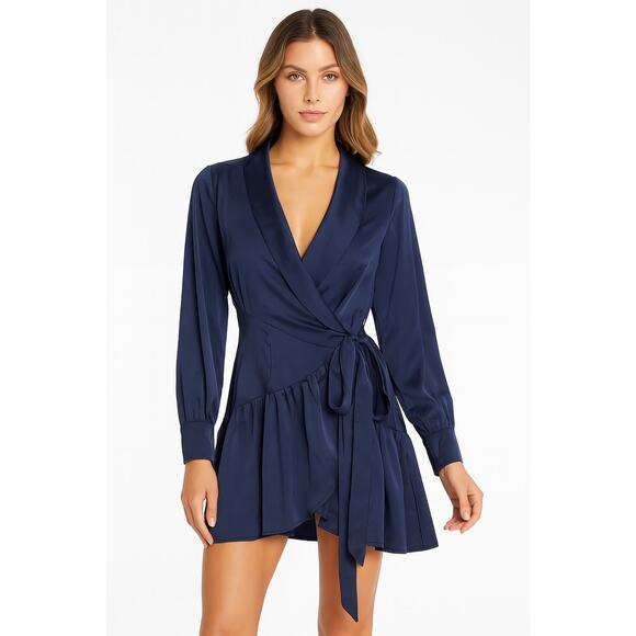 Navy Dress Womens Large Long Sleeve Wrap Belted Ruffle Satin Look Party Formal - Picture 1 of 10